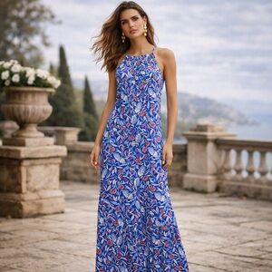 Old Navy Blue Floral Bird Print Sleeveless Maxi Dress XL Boho Summer Vacation